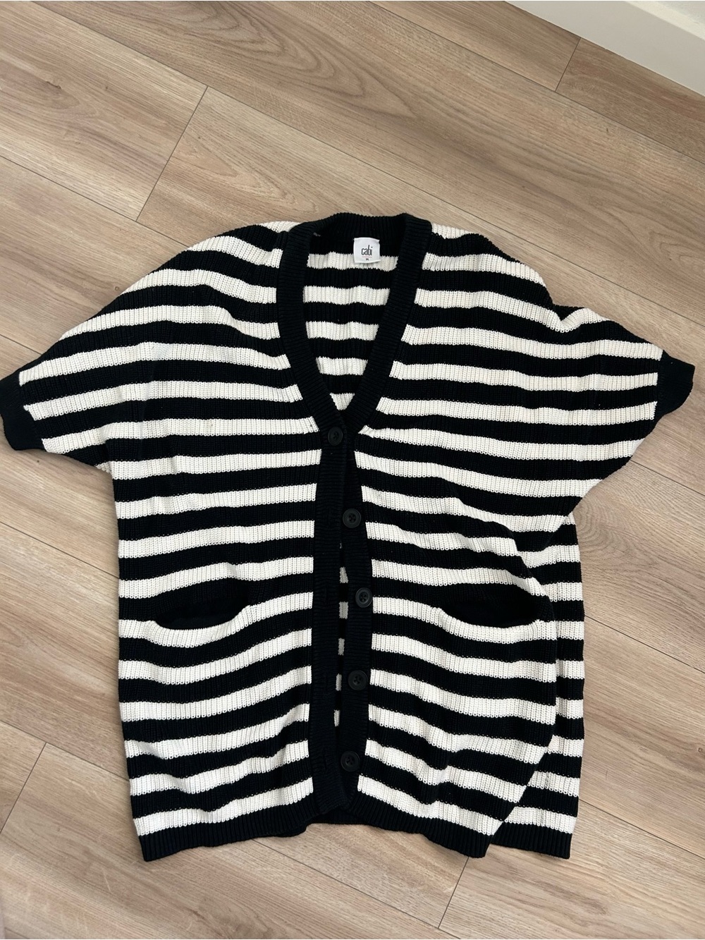 CAbi Black and White Striped Short Sleeve Cardigan